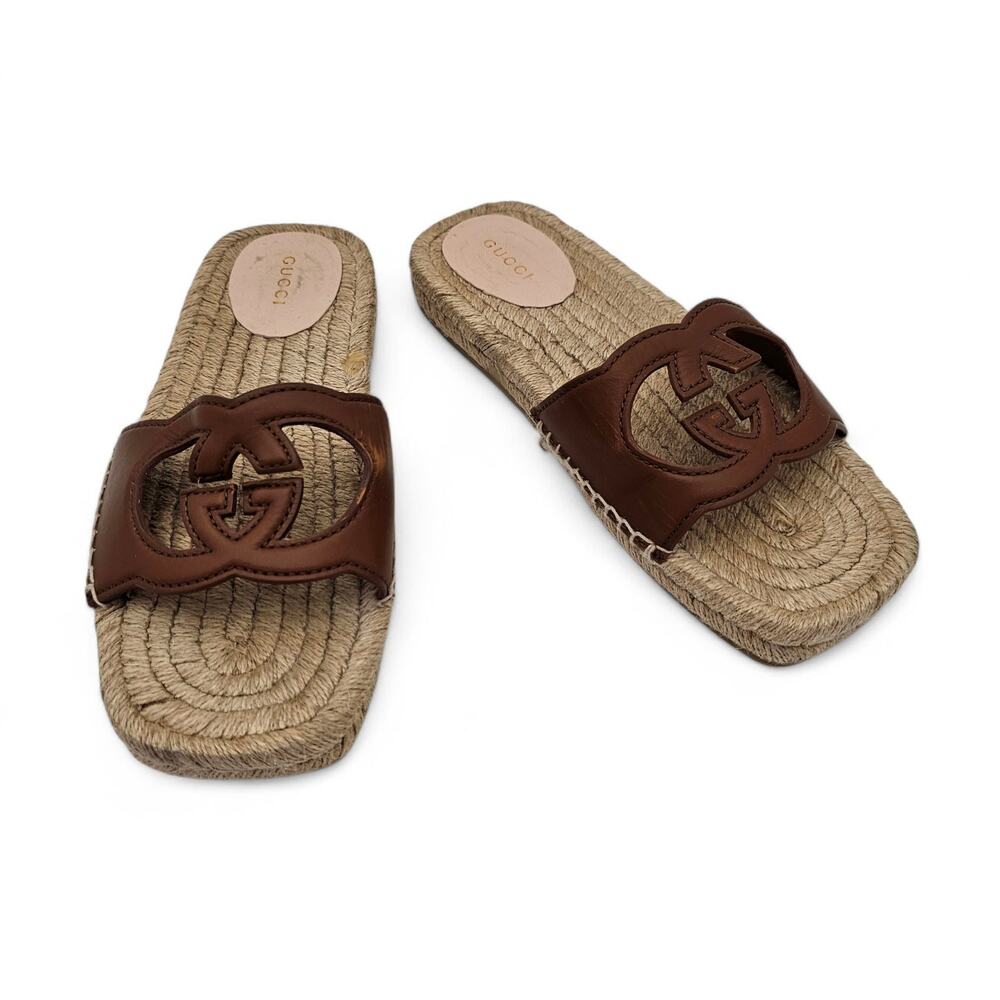 Gucci GG Espadrille Flat Slide Sandal Brown Leather Square Toe Size 37.5 US 7.5
